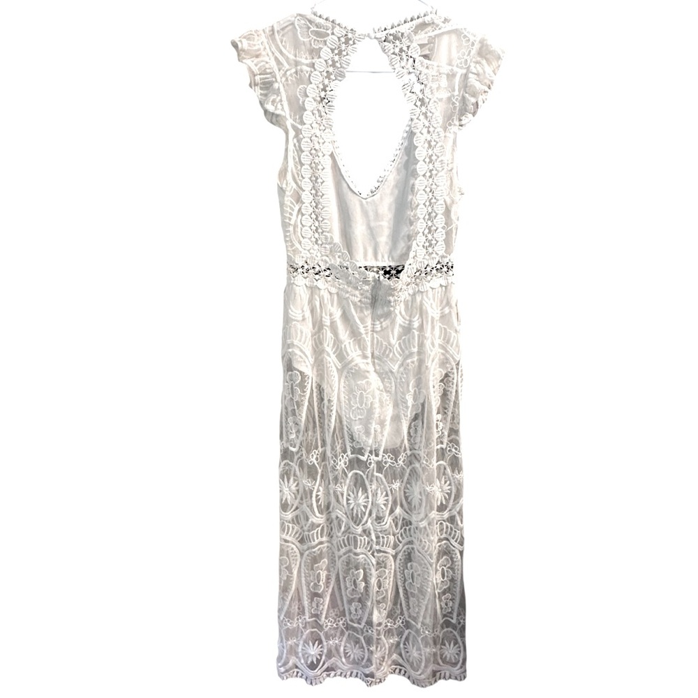 Lace White Maxi Deep V Neck Bodysuit Lace Dress S - Picture 10 of 11